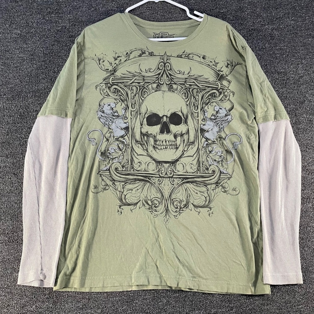 MMA Elite Skull Graphic Tee Mens Large Green Long Sleeve Layered Good Gothic MMA